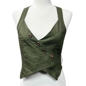 New Moon River Halter Top Small Army Green Asymmetric Linen Blend Festival Sexy